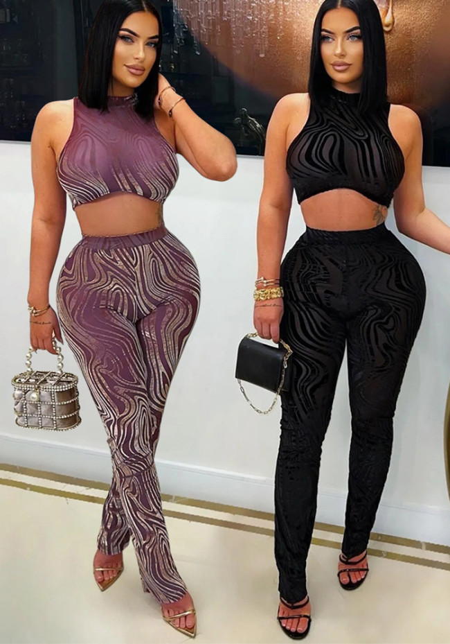 Mock Neck Sexy Sleeveless Crop Top and Tight Pants Two Piece Set