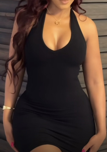Black Sexy V Neck Halter Neck Lace-Up Backless Bodycon Dress
