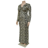 Plus Size Leopard Print V-Neck Long Sleeve Bodycon Maxi Dress