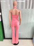 Denim Stretchy Sexy Backless Turndown Collar Halter Cargo Jumpsuit