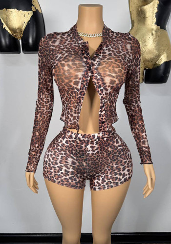 Sexy Long Sleeve Leopard Shirt Top and Shorts Two Piece Set