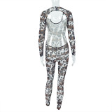 Women Casual Leopard Mesh Hollow U-Neck Jumpsuit