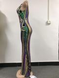 Women Contrast Sequin Backless V-neck Sexy Evening Dress