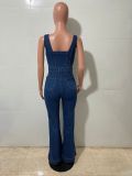 Casual Sexy Sleeveless Button Denim Bell Bottom Jumpsuit