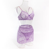 Lilac Lace Bra Short Pantie Skirt Bowknot Sexy Lingerie Threee Piece Set
