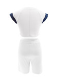 Women Casual Denim Patchwork Cap Sleeve Top and Shorts Two-piece Set