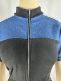 Fashion Denim Patchwork Stand Collar Short Sleeve Long Zip Jumpsuit