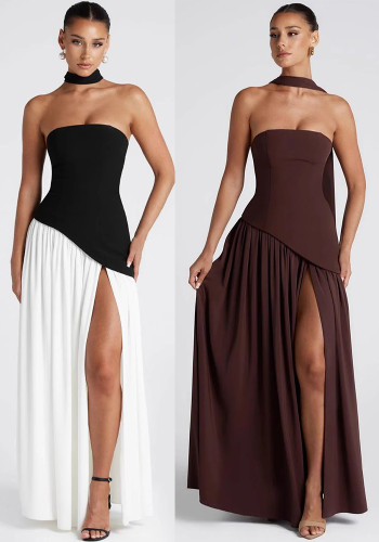 Women Strapless Solid Sexy Backless Slit Maxi Dress