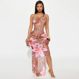 Slash Shoulder Leopard Floral Printed Hollow Sheer Mesh Long Dress