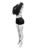 Sexy Nightclub 2PCS Set Feather Halter Tie Back Top and Shorts