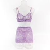 Lilac Lace Bra Short Pantie Skirt Bowknot Sexy Lingerie Threee Piece Set