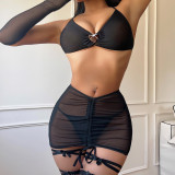 Sexy Bow Mesh See-Through Halter Neck Lace-Up Sexy Lingerie Set with Gloves