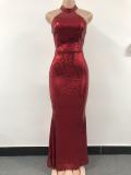 Women Halter Neck Backless Sequined Sexy Evening Dress