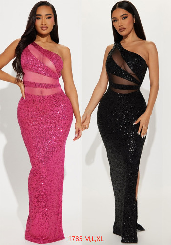 Women See-through Mesh Sequined Sexy Slash Shoulder Slit Evening Dress