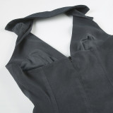 Fashion Deep-V Slim Waist sexy Low Back Sleeveless Pleated dress