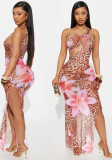 Slash Shoulder Leopard Floral Printed Hollow Sheer Mesh Long Dress