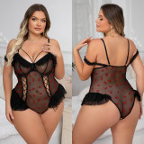 Plus Size Lingerie Lace-up See-Through Mesh Ruffles Lace Bodysuit Teddy Lingerie