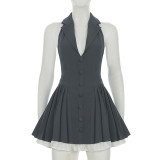 Fashion Deep-V Slim Waist sexy Low Back Sleeveless Pleated dress