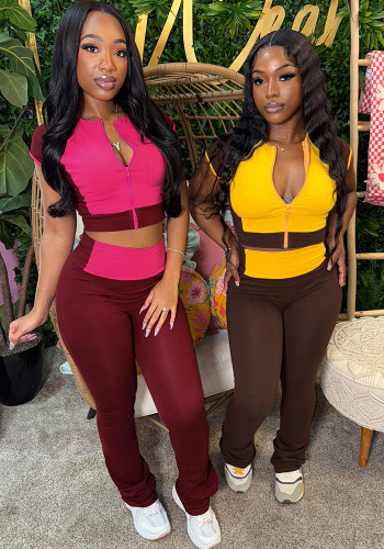 Contrast Patchwork O-Neck Short Sleeve Zipper Top and Bell Bottom Pants Two Piece Set