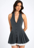 Fashion Deep-V Slim Waist sexy Low Back Sleeveless Pleated dress