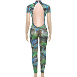 Women Sexy Backless Print See-Through Mesh Bodysuit Jumpsuit