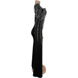Women Beaded Rhinestone One Sleeve Evening Dress
