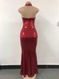 Women Halter Neck Backless Sequined Sexy Evening Dress