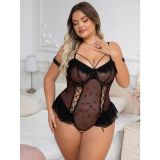 Plus Size Lingerie Lace-up See-Through Mesh Ruffles Lace Bodysuit Teddy Lingerie