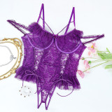 Plus Size Lingerie Lace-up See-Through Mesh Ruffles Lace Bodysuit Teddy Lingerie