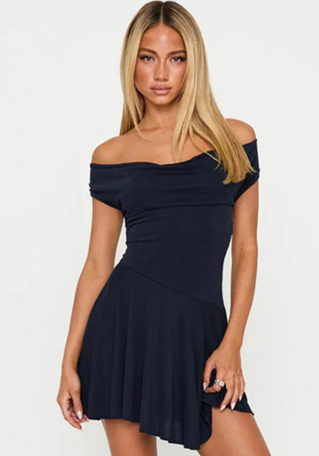 Chic Navyblue Pleated Off-Shoulder Sexy Low-Back Lace-Up Mini Dress