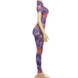 Women Sexy Backless Print See-Through Mesh Bodysuit Jumpsuit