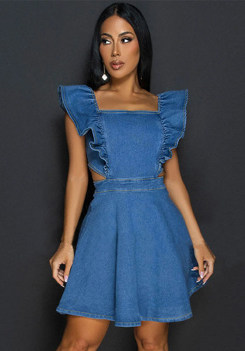 Women Denim Ruffles Short Sleeve Casual Dress