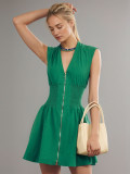 Women Career V-neck Zip Up Shirred dress