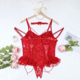 Plus Size Lingerie Lace-up See-Through Mesh Ruffles Lace Bodysuit Teddy Lingerie