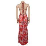 Sexy Deep-V Halter Neck Slit Floral Printed Maxi Dress