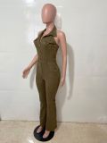 Denim Stretchy Sexy Backless Turndown Collar Halter Cargo Jumpsuit