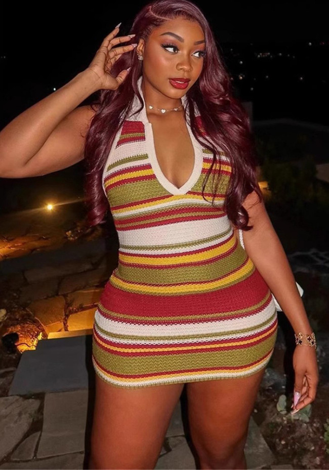 Sleeveless Slim Sexy Low-Back Halter Neck Knit Mini Dress