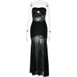 Solid Strapless Sexy Pleated Patchwork Hollow Maxi Dress