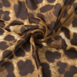 Women Round Neck Leopard Mesh Open Back Long Sleeve Button Rompers
