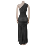 Solid Slash Shoulder Sexy See-Through Maxi Dress