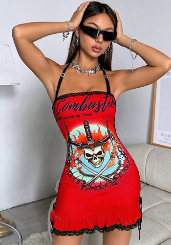 Women Print Side Lace Up Halter Neck Dress