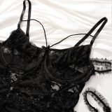 Plus Size Lingerie Lace-up See-Through Mesh Ruffles Lace Bodysuit Teddy Lingerie