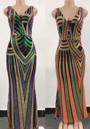 Women Contrast Sequin Backless V-neck Sexy Evening Dress