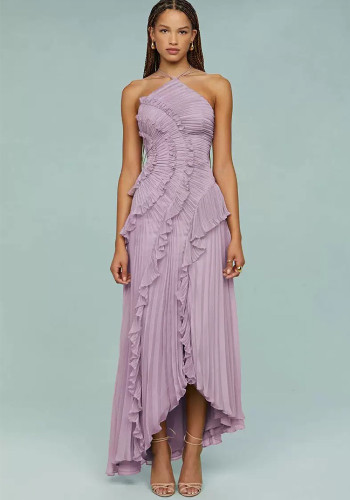Ruffled Pleated Halter Chiffon Maxi Dress