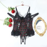 Plus Size Lingerie Lace-up See-Through Mesh Ruffles Lace Bodysuit Teddy Lingerie