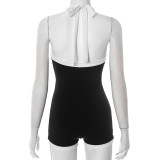 Halter Neck Low Back Button Fake Pocket Short Slim Waist Rompers