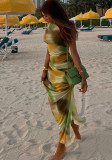 Printed Mesh See-Through Sexy Sleeveless Drawstring Bodycon Slit Long Dress