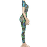 Women Sexy Backless Print See-Through Mesh Bodysuit Jumpsuit