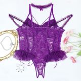 Plus Size Lingerie Lace-up See-Through Mesh Ruffles Lace Bodysuit Teddy Lingerie