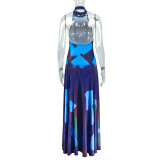 Trendy Print Halter Low Back Sleeveless Maxi Dress